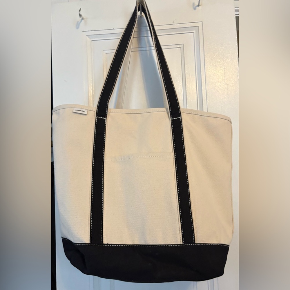 LANDS’ END Large 5 Pocket Open Top Canvas Tote in Cream and Black